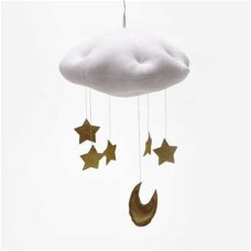 מובייל דקורטיבי לחדרי תינוקות מיועד לתלייה עם ירח וכוכבים - צבע זהב לבן