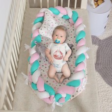 מגן למיטה לתינוקות רכים עד גיל שנה מבד כותנה נעים - צבע ורוד טורקיז ולבן