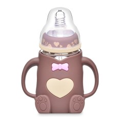 בקבוק שתייה מזכוכית לתינוק עם ידיות אחיזה מסיליקון - צבע קפה