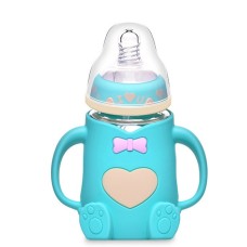 בקבוק שתייה מזכוכית לתינוק עם ידיות אחיזה מסיליקון - צבע תכלת
