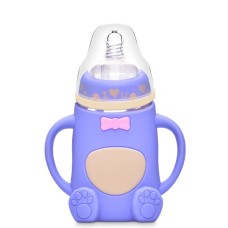 בקבוק שתייה מזכוכית לתינוק עם ידיות אחיזה מסיליקון - צבע סגול בז'